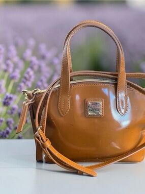 Dooney & Bourke Mini Cognac Patent Leather Crossbody Satchel 10” x 8”
